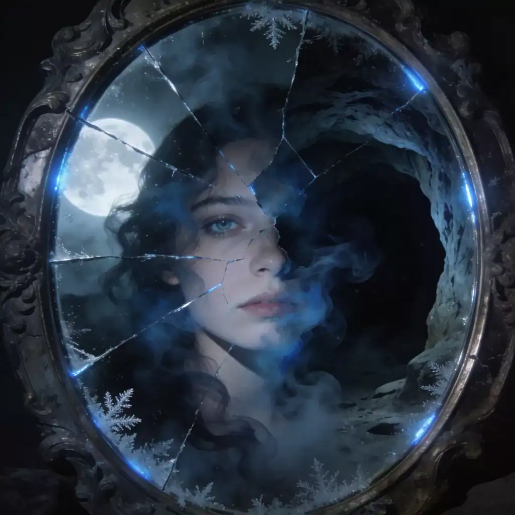 Rostro femenino reflejado en espejo roto, con luna llena y niebla, simbolizando silencio y misterio.