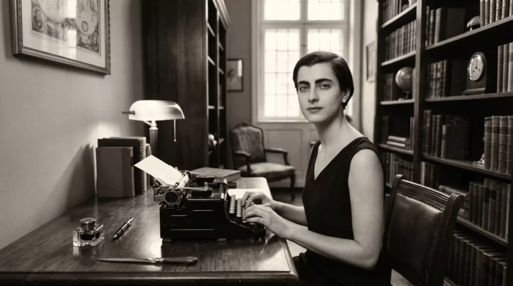 Retrato de Margarita Gil Roësset en su estudio con libros y máquina de escribir.