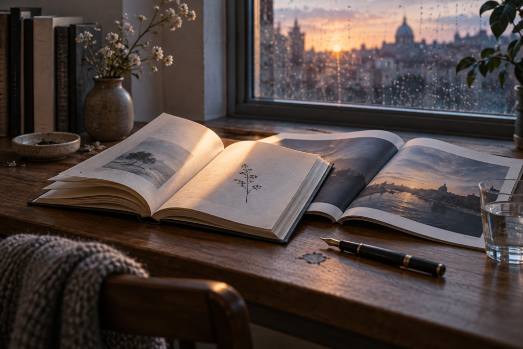 Libro de poesía abierto y revista literaria sobre un escritorio al amanecer