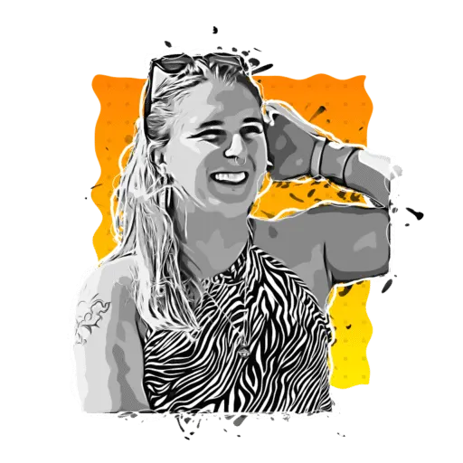 Lively woman smiling with sunglasses, colourful abstract background, promoting poetry books.