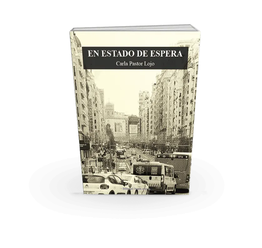 Misty urban street scene with cars and buildings, book cover design for poetry book "En Estado de Espera.".